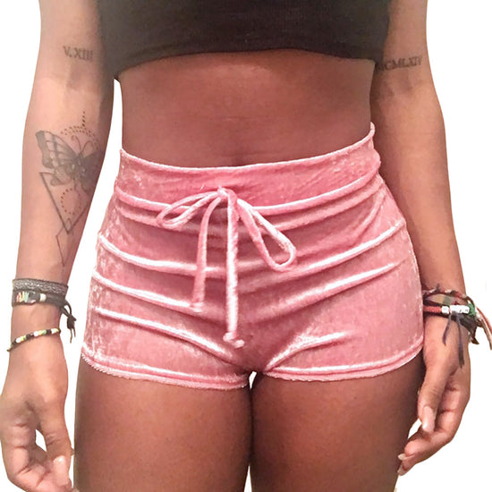 Image Title Pink Shiny High-Waist Velvet Booty Shorts - Front